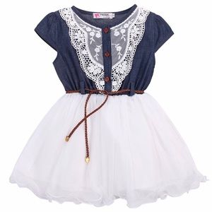 Girls Denim Lace Tulle Dress with Belt